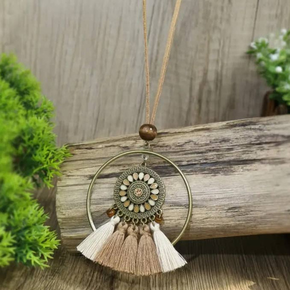 Bohemian Style Tassel Fringe Earrings Necklace‎ Set 3 Piece Tan Cream - Picture 2 of 9